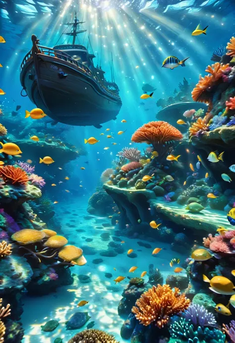 a beautiful detailed underwater scene, 1 mermaid, deep blue ocean water, variety of marine life, coral reefs, sunlight filtering...