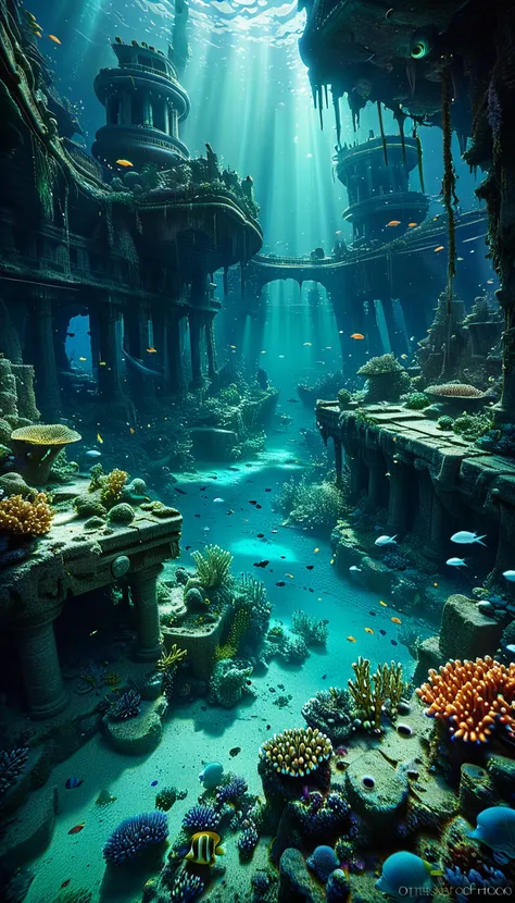 a vast underwater city, ruins of an ancient lost civilization, sunken metropolis, crumbling structures, covered in coral and mar...