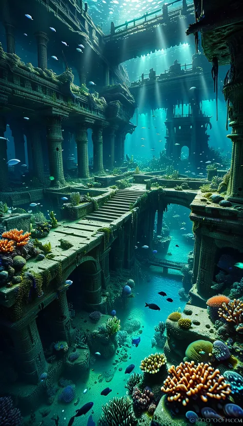 a vast underwater city, ruins of an ancient lost civilization, sunken metropolis, crumbling structures, covered in coral and mar...