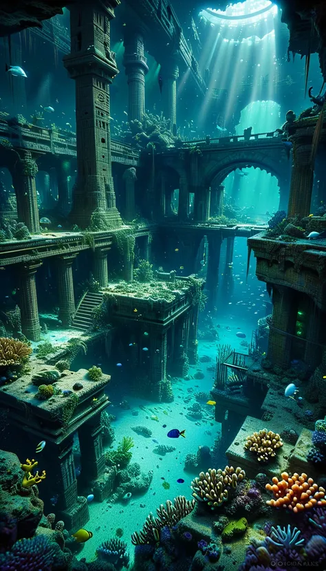 a vast underwater city, ruins of an ancient lost civilization, sunken metropolis, crumbling structures, covered in coral and mar...