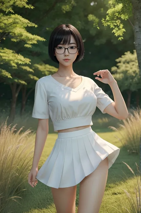 A Japanese girl,wearing black glasses,detailed nose, detailed legs,detailed lips, detailed hands,short hair,wearing white skirt,blue top,grass landscape,tress behind her, best quality, highly detailed, masterpiece, Anime style render,16k