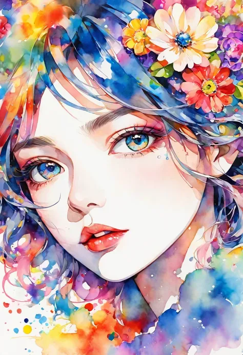 beautiful woman portrait, sylvia pelissero watercolors, colorful flowers、beautiful eyes、 abstract art, intense watercolor, water...