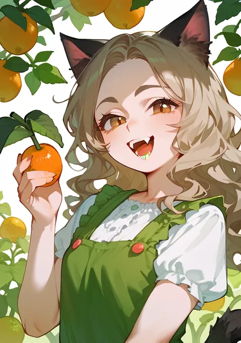 Half body, girl,  A pretty woman, long black wavy hair, Brown eyes, gardener  clothes, cat ears and tail, fangs, surrounded by different fruits 