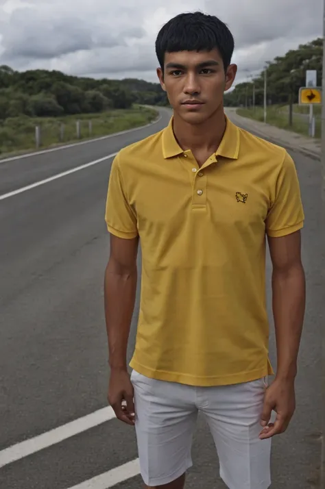 a young man in a yellow polo shirt stood on the side of the road with a serious expression., looking into the distance turn your...