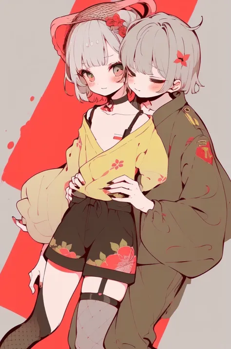 (((a woman is hugging a boy from behind))), (((back hug))),
break; 
(niji), (1boy, chibi), (((pale gray hair, bangs:1.5, tired h...