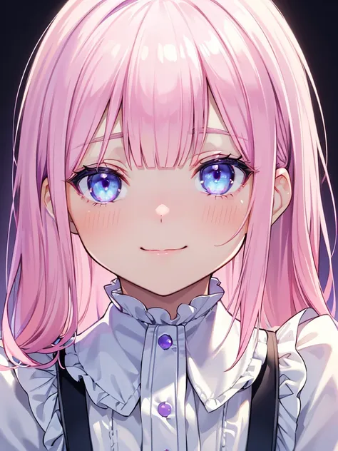 realistic、one girl、fluorescence　pink hair、blue eyes、(eye focus:1.3,face focus:1.3,upper body:1.5),(gradient eye:1.3),(blouse)、op...