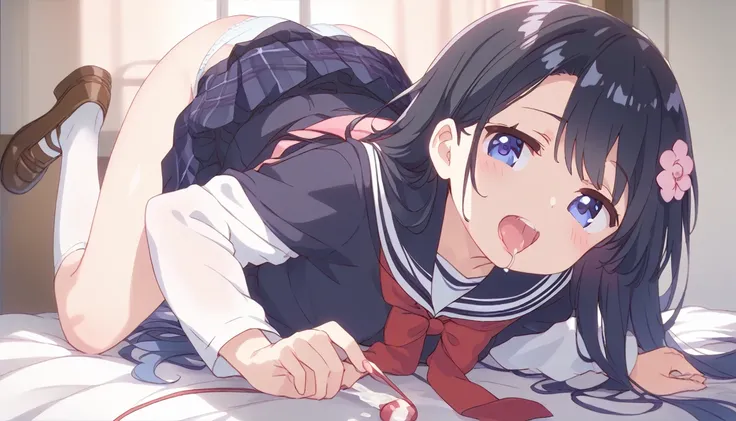 score_9, score_8_up, score_7_up, source_アニメ, masterpiece, 1girl, (watawork), blue eyes, black hair, long hair, bangs, hair ornament, hair flower, pink flower, Full Body, Primary school students、indoor, Open your mouth, Black Hair、Shiny Hair, work, Highest ...