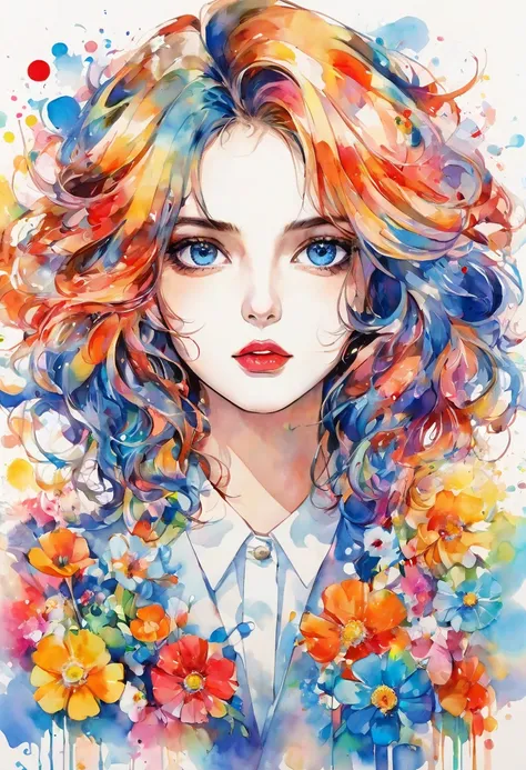 beautiful woman portrait, Sylvia Pelissero watercolors, colorful flowers、beautiful eyes、 abstract art, intense watercolor, watercolor detailed art, watercolor splash, surreal, avant-garde pop art, Beautiful and expressive paintings, Beautiful artwork illus...