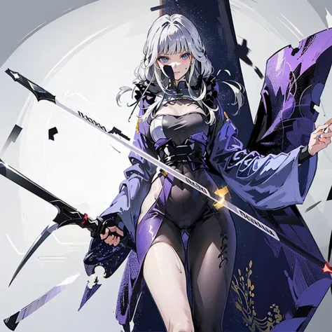 (absurderes、hight resolution、ultra-detail)、​masterpiece、top-quality、girl with a scythe、solo、silver hair、long straight hair and b...