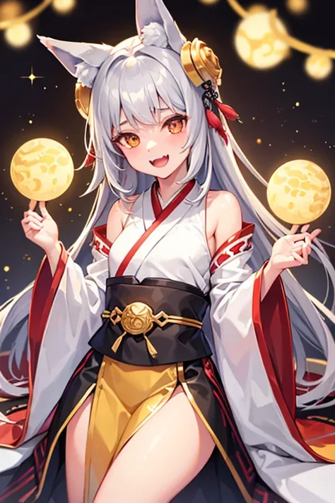 (High quality, 8k) 1girl, solo, young girl, , silver hair, golden eyes, fox ears, fox girl, angel wings, hanfu, silk, long sleeves, open mouth, smile, fangs, look at the audience, cringe, silent echo