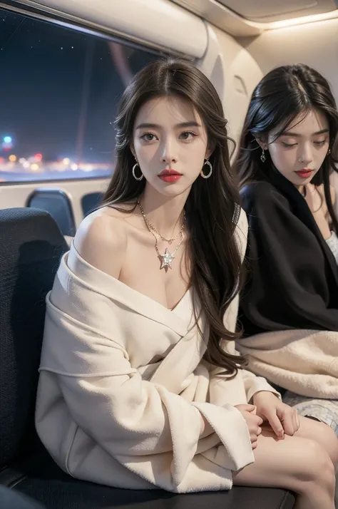 (((best quality))),(((ultra detailed))),(((masterpiece))),illustration,(a beautiful girl,female passenger,solo),(parted red lips),((slim,thin,small breasts,flat chest)),((earrings,crystal necklace)),(slender legs:1.2),(spread legs apart:1.3),summer night,(...