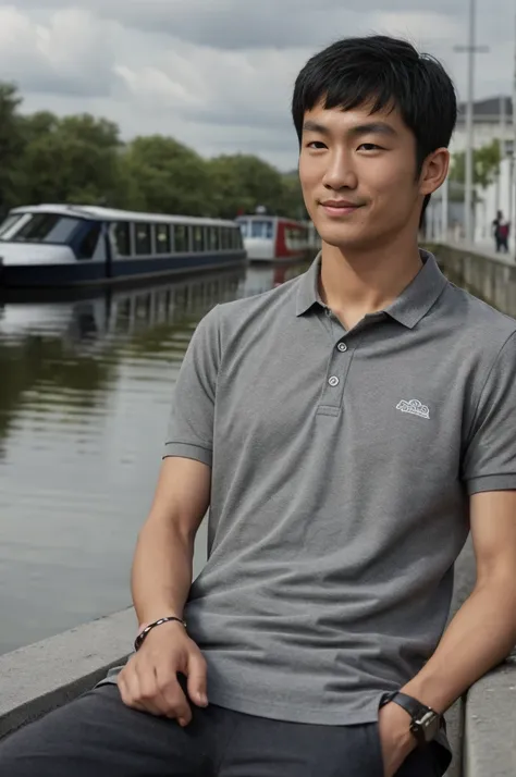 young asian man in a gray polo shirt sitting by the canal with a serious expression, looking into the distance turn your head sl...