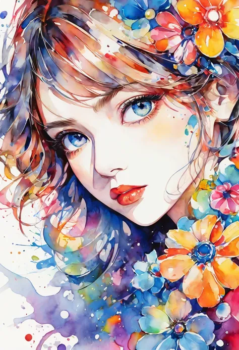 beautiful woman portrait, sylvia pelissero watercolors, colorful flowers、beautiful eyes、 abstract art, intense watercolor, water...