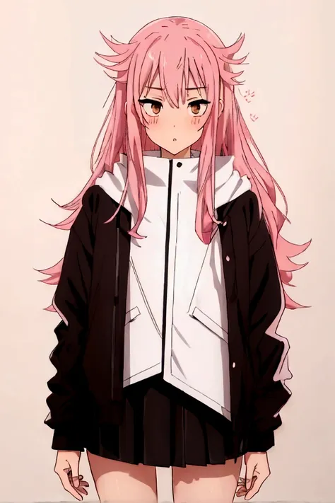 1 girl,tall,long hair,pink hair,tucked white shirt,black jacket,black skirt,legs vissible,,brown eyes,looking at the viewer,8k,b...