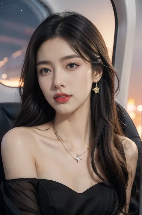 (((best quality))),(((ultra detailed))),(((masterpiece))),illustration,(a beautiful girl,female passenger,solo),(parted red lips),((slim,thin,small breasts,flat chest)),((earrings,crystal necklace)),summer night,((in airplane,economy class,indoor)),((strap...