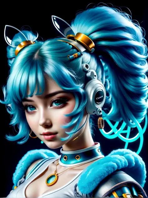 (A young woman with cyan hair in double ponytails:1.5)，Wearing a futuristic outfit，Consists of an electronic-themed dress，(Electronic element transparent high heels:1.3)，Crystal Shoes Elements，(Her headband consists of a square-shaped emblem.)，Hanging ribb...