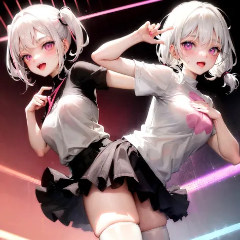 1girl, white hair, short twintails, extremely happy, cheerful, pink eyes, wearing plain black shirt, pink skirt, black leggings, city, absurdres, high res, ultrasharp, 8K, masterpiece, looking at viewer, no hat, holding orange glowsticks in hands, wet clot...