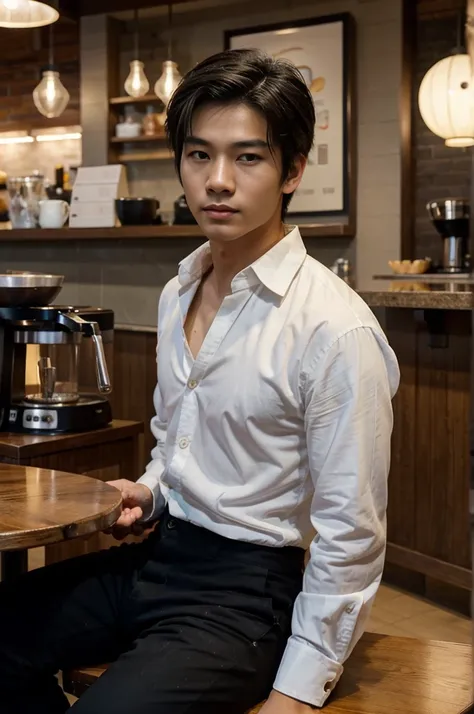 young asian man, white shirt, sitting in a coffee shop, perfect anatomy, perfect finger, vietnamese, fuzzy layer hair, really handsome, ultra realistic, long black pant, looking at viewer, hands in the pants