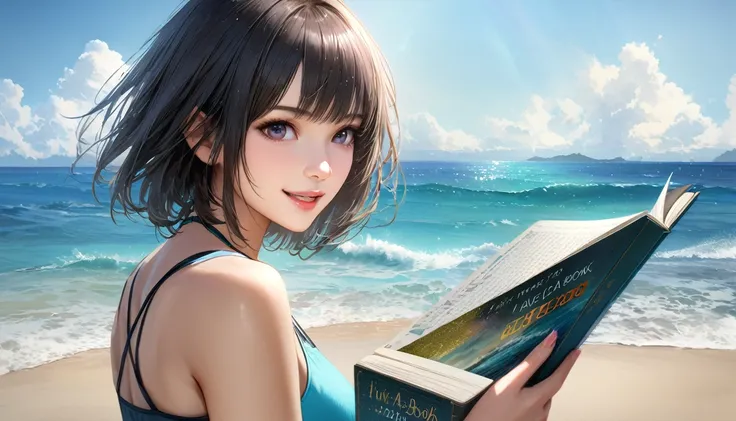 輝くOceanと熱帯のOcean, A clear sky with fluffy white clouds, Ocean岸沿いのヤシの木, Blur the background,Pleasant sea breeze,high school girl,Swimwear,short hair,smile,Glitter effect,Highest quality, 4K, 8K, High resolution, masterpiece:1.2, Very detailed, Realistic:1.3...