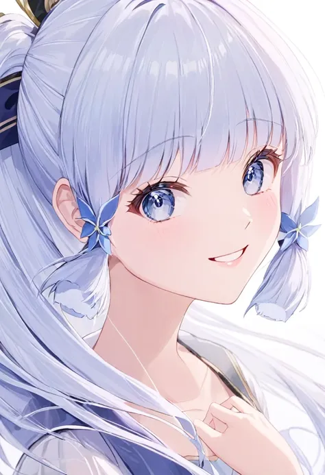 Super detailed,(Highest quality),((masterpiece)),(High resolution),original,Highly detailed 8k wallpaper,(Very delicate and beautiful),Highest_hand,anime,    (Kamisato Ayaka),Beautiful pupils,White background,smile