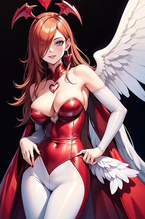 Erotic　Tall busty mature married woman in white sequins rubber suit red black background heart bedroom dark theme evil fall temptation excitement condescending smile sexy pose upper body emphasis angle from below angel wings angel