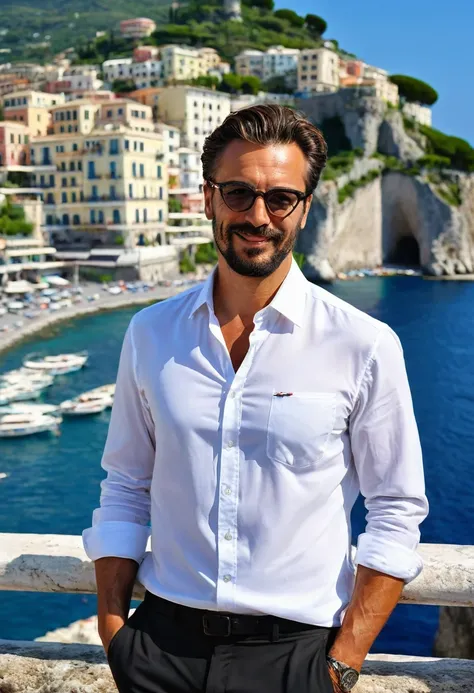 A 35 years old man, with a black pants,white social shirt, italian background, hands on the pocket, amazing italian background, 4k, realistic ,boats are docked in the water near a town on a hill, italian mediterranean city, mediterranean island scenery, it...