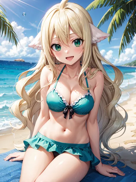 Masterpiece ,best quality , high resolution , (1 girl solo:1.38) , (mavis , long hair, blonde hair, (green eyes:1.5), ahoge, wavy hair, animal ears,) , (cleavage:1.2) , (medium breast:1.28) , (wear , bikini , strong wind , big wing ,  head tilt ) , (cleava...