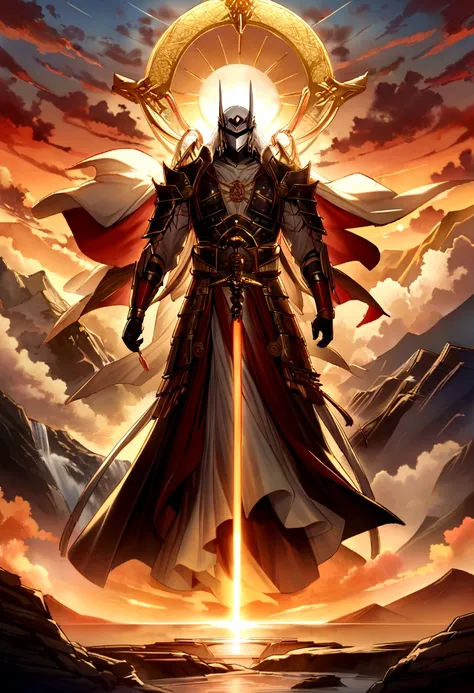 A majestic scene of Izanagi-no-Mikoto, the great deity from Japanese mythology, standing on a sacred mountaintop at dawn. He is clad in ancient, ornate armor with intricate patterns and holding a divine jeweled spear. The sky is a breathtaking gradient of ...