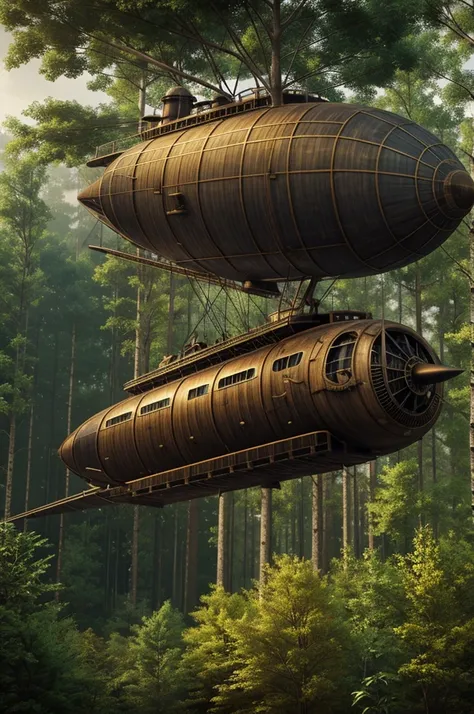 Steampunk airship soaring above the forest, CGI