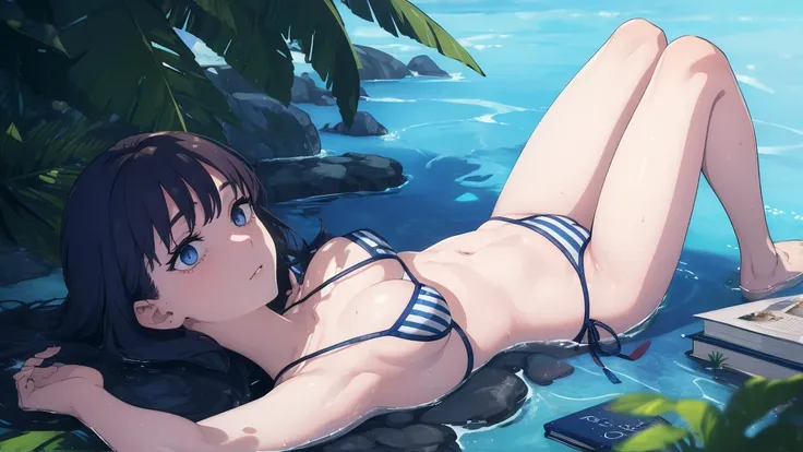 ((((masterpiece, Best Quality, Ultra-high resolution)))), One girl, Two Piece Bikini, Striped bikini, The eyes are round, blue Striped bikini ,I have a book,Ocean,Tropical atmosphere