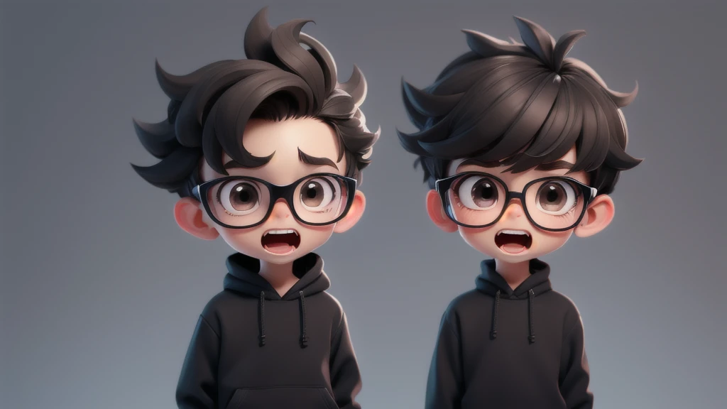 Scared and Screaming Boy chibi with black pullover, dark brown eyes, black glasses, Short texture crop style hair. Clear Background