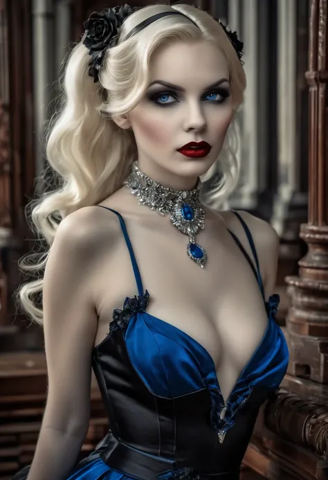 fantasy art deco (art deco: 1.5) A (black and white: 1.5) glamours (vampire: 1.5) model shot, RAW, award winning, of an exquisite beautiful 1solo female vampire, ultra feminine, full body, busty woman, most beautiful face ultra detailed face, ((blond long ...