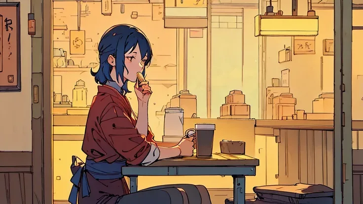 An office lady drinking coffee at a cafe on a rainy day　Warm lighting　Japanese anime style