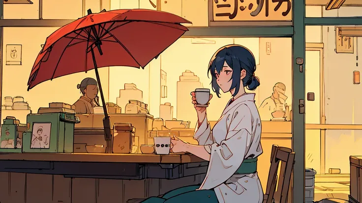 An office lady drinking coffee at a cafe on a rainy day　Warm lighting　Japanese anime style