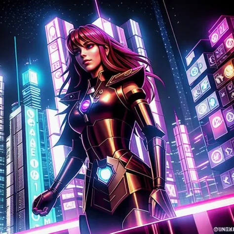 "Create a realistic, highly detailed 8K image of a 20-year-old mystical sorceress woman inspired by Iron Man, wearing a glowing mech with magical runes. She is on a futuristic street full of tall buildings and neon lights, in a scene urban nightlife in cyb...