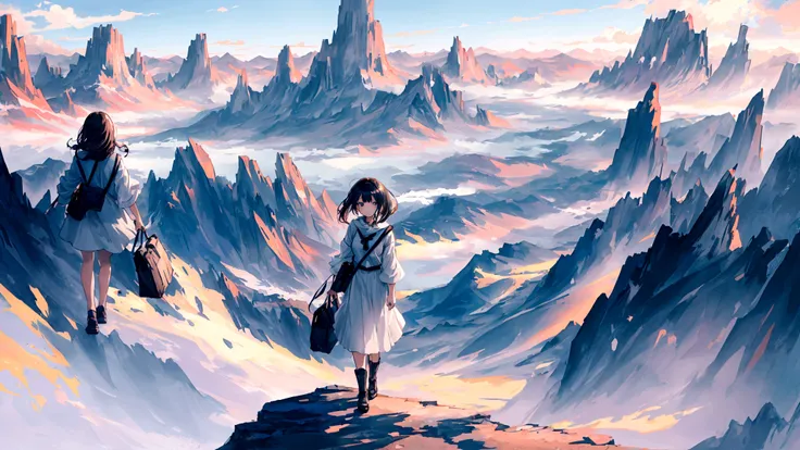 An anime-style image of a young woman journeying through a vast, mysterious world. She is shown walking with a determined expression, carrying a bag and looking out at the endless roads ahead. The background includes diverse landscapes such as mountains, f...