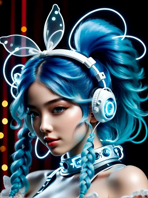 (A young woman with cyan hair in double ponytails:1.5)，Wearing a futuristic outfit，Consists of an electronic-themed dress，(She was wearing transparent high heels made of electronic elements.:1.3)，Her headband consists of a square-shaped emblem.，Hanging rib...