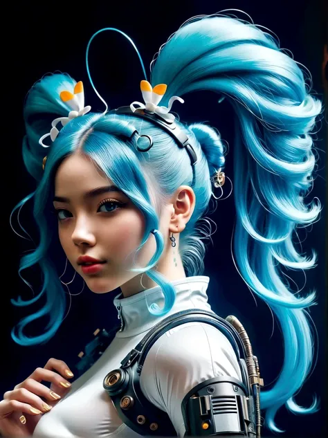 (a young woman with cyan hair in double ponytails:1.5)，wearing a futuristic outfit，consists of an electronic-themed dress，(she w...