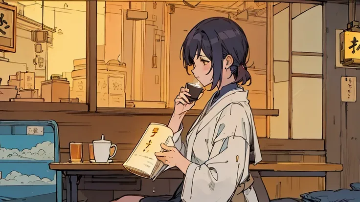 An office lady drinking coffee at a cafe on a rainy day　Warm lighting　Japanese anime style