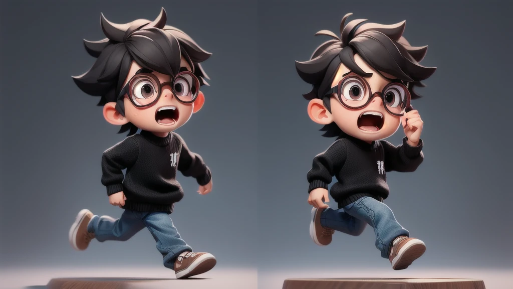 Scared, screaming and running chibi boy with black sweater, dark brown eyes, black glasses, short textured short hair. Clear background