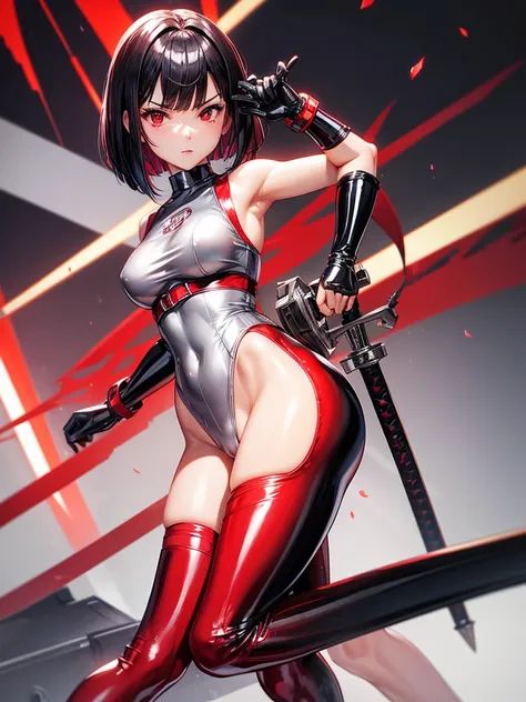 solo girl,Glossy metalic light silver tank top, tight latex shiny, Red interpolation color,Black hair bob,red eyes, camel toe, Samurai Sword,
Lift one leg, sexy lady, กางเกงใน girl,