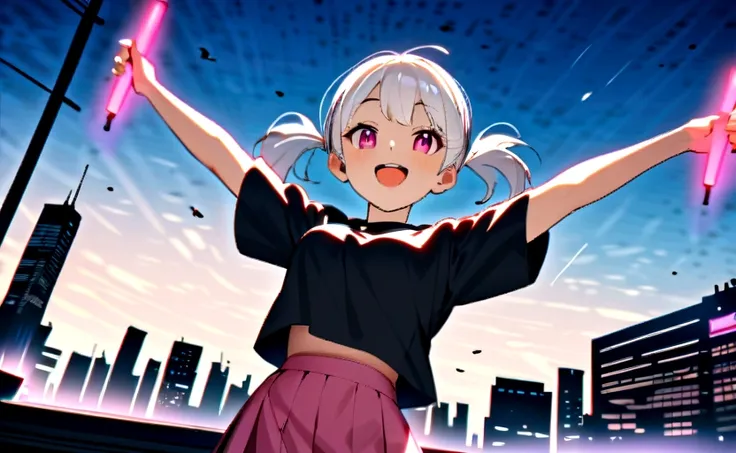 1girl, white hair, short twintails, extremely happy, cheerful, pink eyes, wearing plain black shirt, pink skirt, black leggings, city, absurdres, high res, ultrasharp, 8K, masterpiece, looking at viewer, no hat, holding orange glowsticks in hands, 