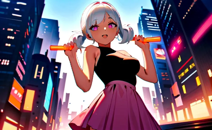 1girl, white hair, short twintails, extremely happy, cheerful, pink eyes, wearing plain black shirt, pink skirt, black leggings, city, absurdres, high res, ultrasharp, 8K, masterpiece, looking at viewer, no hat, holding orange glowsticks in hands, 