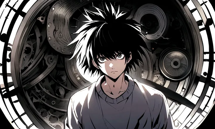 black and white drawing, giant clockwork background, human, 26 year old male 1, black neat hair, a  face, wearing gray tracksuit, wearing a white shirt, L deathnote, follow him, walking 