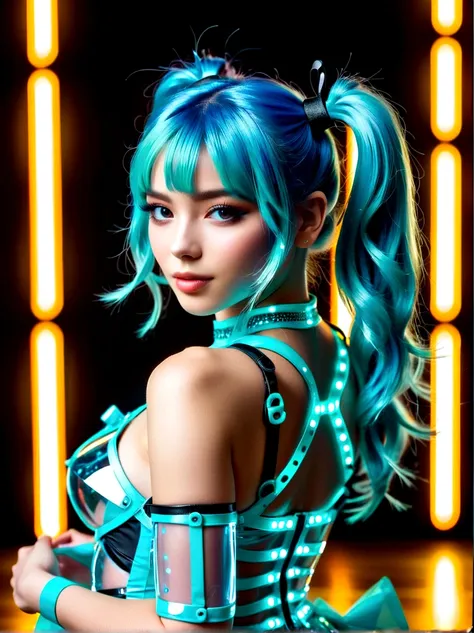 (a young woman with cyan hair in double ponytails:1.5)，wearing a futuristic outfit，consists of an electronic-themed dress，(she w...