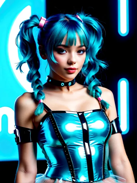 (a young woman with cyan hair in double ponytails:1.5)，wearing a futuristic outfit，consists of an electronic-themed dress，(she w...