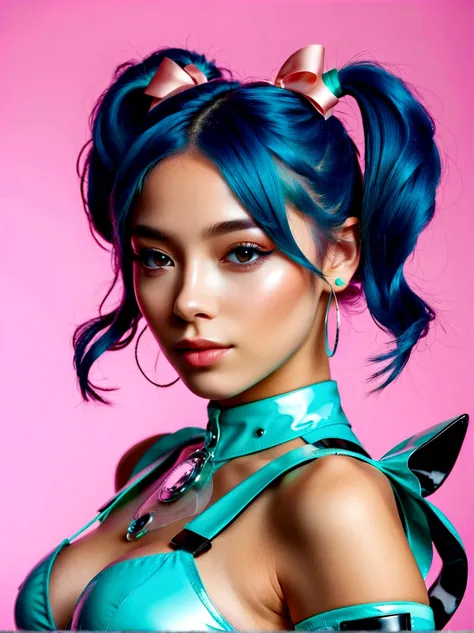 (A young woman with cyan hair in double ponytails:1.5)，Wearing a futuristic outfit，Consists of an electronic-themed dress，(She was wearing transparent high heels made of electronic elements.:1.3)，Her headband consists of a square-shaped emblem.，Hanging rib...