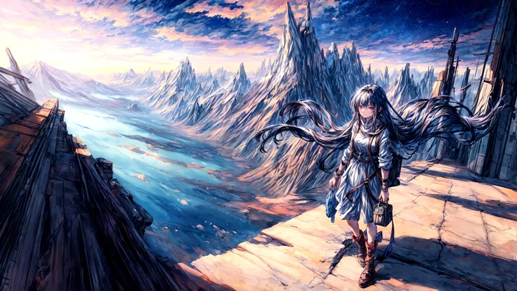 An anime-style image of a young woman journeying through a vast, mysterious world. She is shown walking with a determined expression, carrying a bag and looking out at the endless roads ahead. The background includes diverse landscapes such as mountains, f...