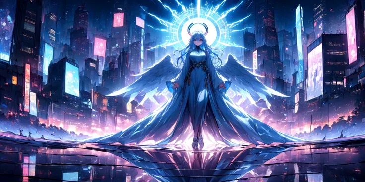 ((masterpiece, Highest quality, Best image quality, High resolution、４ｋ)) An angel in the center of the screen、Glowing white wings、Glowing halo、Cyberface、Wearing a flowing ethereal robe、god々Shining with a bright light。With a harp in his hand、Glowing blue ey...