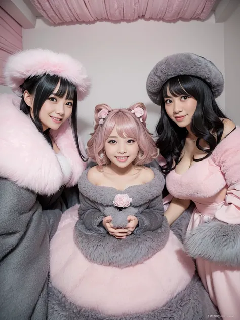 fluffyの毛皮。fluffy。((gorgeous))(smile)(((Pair of women、Pink feminine room、Beautiful black hair)))。((Wedding dress、Fluffy carpet、Grey fur cape))。Fisheye Lens。